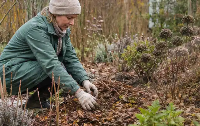 Person verteilt eine schützende Mulchschicht zwischen winterlichen Stauden; Thema Engerlinge, Schwerpunkt Pflanzenhilfe; Ausgangslage.