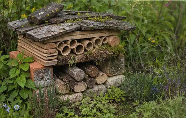 Naturnaher Unterschlupf aus Holz Rinde und Pflanzenstängeln im Garten; Thema Engerlinge, Schwerpunkt Rasenhilfe; Kontrolle.