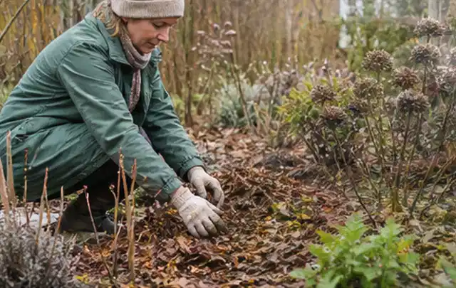 Person verteilt eine schützende Mulchschicht zwischen winterlichen Stauden; Thema Engerlinge, Schwerpunkt Rasenhilfe; Ergebnis.