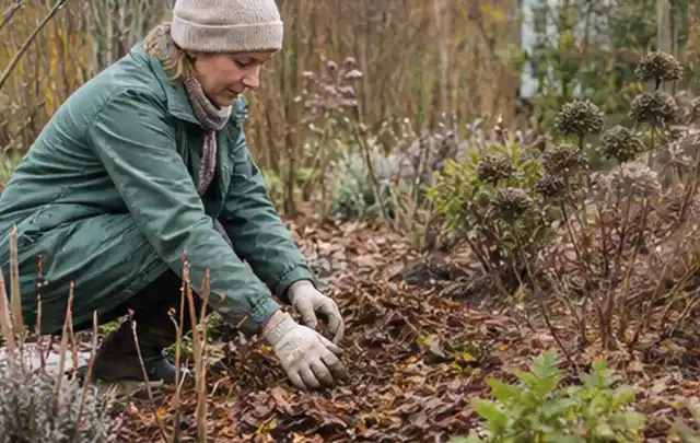 Person verteilt eine schützende Mulchschicht zwischen winterlichen Stauden; Thema Engerlinge, Schwerpunkt Saison; Kontrolle.