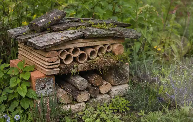 Naturnaher Unterschlupf aus Holz Rinde und Pflanzenstängeln im Garten; Thema Engerlinge, Schwerpunkt Schädlinge Krankheiten; Ergebnis.