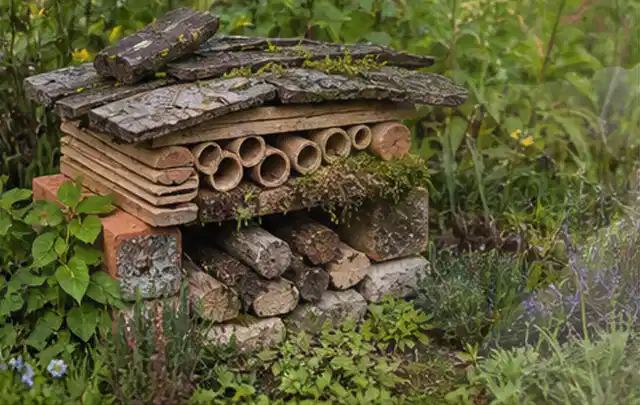 Naturnaher Unterschlupf aus Holz Rinde und Pflanzenstängeln im Garten; Thema Engerlinge, Schwerpunkt Soforthilfe; Praxisalltag.
