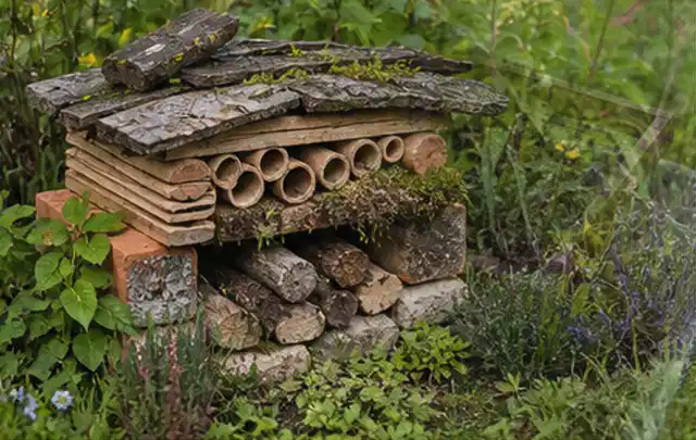 Naturnaher Unterschlupf aus Holz Rinde und Pflanzenstängeln im Garten; Thema Engerlinge, Schwerpunkt Vorbeugung; Ergebnis.