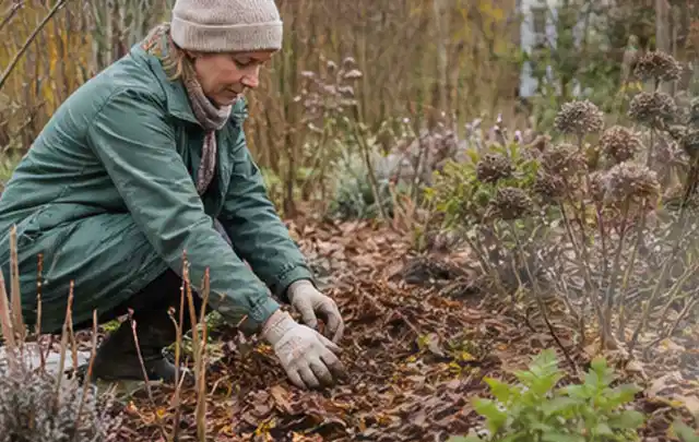 Person verteilt eine schützende Mulchschicht zwischen winterlichen Stauden; Thema Engerlinge, Schwerpunkt Vorbeugung; Praxisalltag.