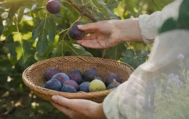 Hand pflückt eine reife Feige über einem flachen Korb mit Früchten; Thema Erbsen, Schwerpunkt Aussaat; Umsetzung.