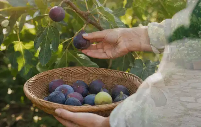 Hand pflückt eine reife Feige über einem flachen Korb mit Früchten; Thema Erbsen, Schwerpunkt Balkongarten; Umsetzung.