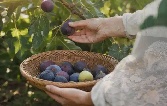 Hand pflückt eine reife Feige über einem flachen Korb mit Früchten; Thema Erbsen, Schwerpunkt Bewässerung; Ausgangslage.