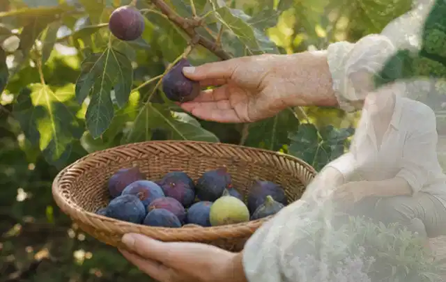 Hand pflückt eine reife Feige über einem flachen Korb mit Früchten; Thema Erbsen, Schwerpunkt Boden; Praxisalltag.