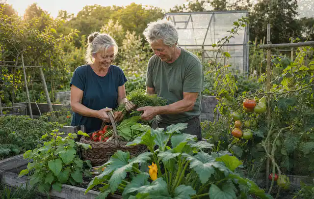 Zwei Personen ernten gemeinsam Gemüse in einem sonnigen Nutzgarten; Thema Erbsen, Schwerpunkt Ernte; Ergebnis.