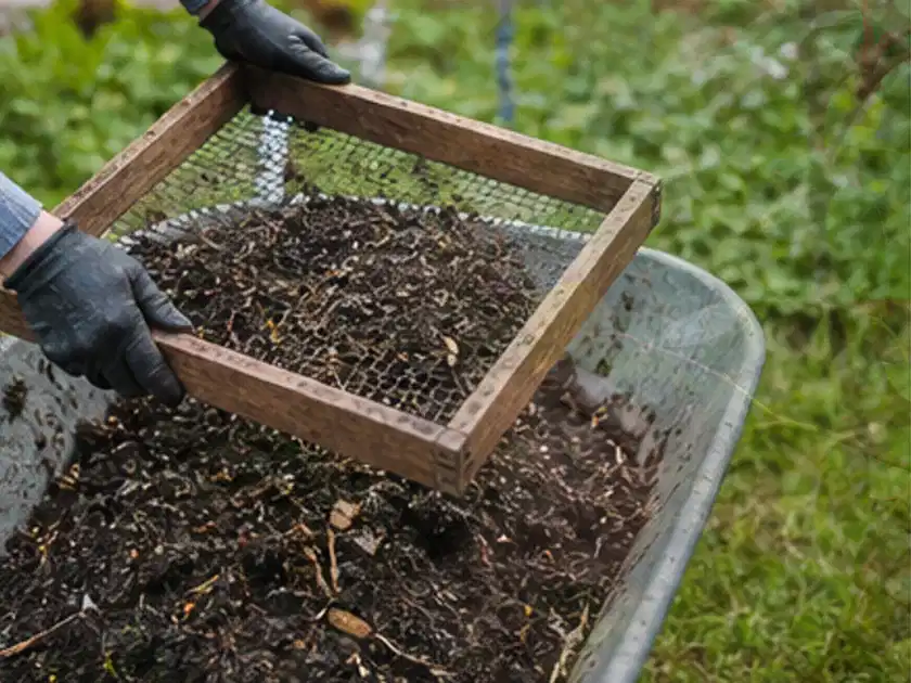 Behandschuhte Hände sieben reifen Kompost über einer Gartenschubkarre; Thema Erbsen, Schwerpunkt Ernteprobleme; Titelbild.