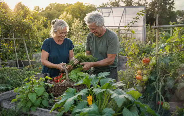 Zwei Personen ernten gemeinsam Gemüse in einem sonnigen Nutzgarten; Thema Erbsen, Schwerpunkt Ernteprobleme; Ausgangslage.