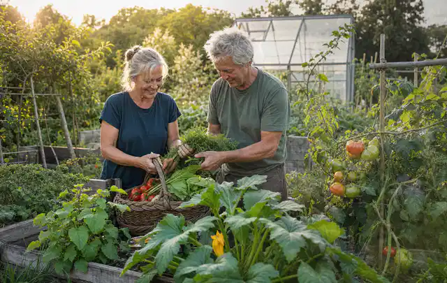 Zwei Personen ernten gemeinsam Gemüse in einem sonnigen Nutzgarten; Thema Erbsen, Schwerpunkt Gemüse; Kontrolle.
