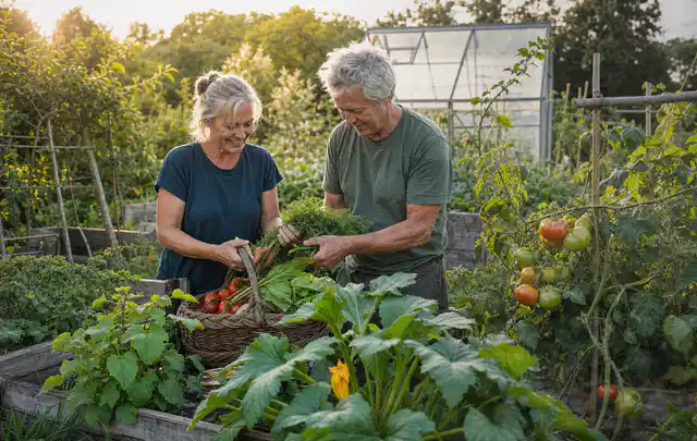 Zwei Personen ernten gemeinsam Gemüse in einem sonnigen Nutzgarten; Thema Erbsen, Schwerpunkt Gewächshaus; Praxisalltag.
