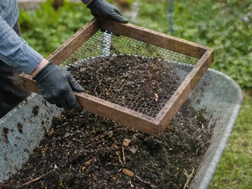Behandschuhte Hände sieben reifen Kompost über einer Gartenschubkarre; Thema Erbsen, Schwerpunkt Hochbeet; Titelbild.