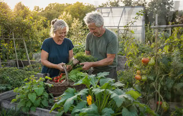 Zwei Personen ernten gemeinsam Gemüse in einem sonnigen Nutzgarten; Thema Erbsen, Schwerpunkt Pflanzung; Kontrolle.