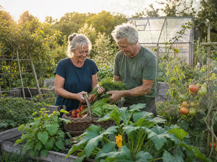 Zwei Personen ernten gemeinsam Gemüse in einem sonnigen Nutzgarten; Thema Erdbeeren, Schwerpunkt Anbau; Titelbild.