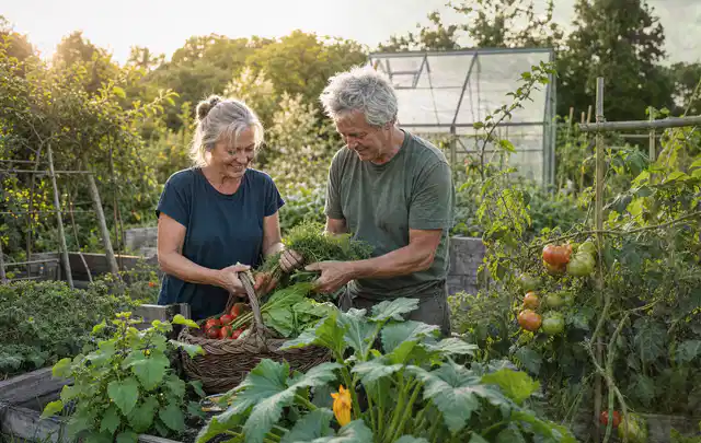 Zwei Personen ernten gemeinsam Gemüse in einem sonnigen Nutzgarten; Thema Erdbeeren, Schwerpunkt Aussaat; Ausgangslage.