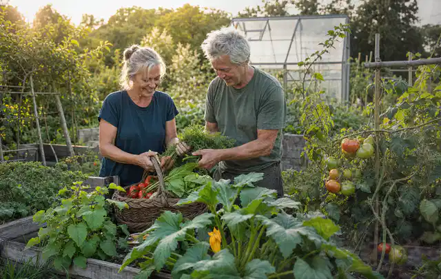 Zwei Personen ernten gemeinsam Gemüse in einem sonnigen Nutzgarten; Thema Erdbeeren, Schwerpunkt Balkongarten; Ausgangslage.