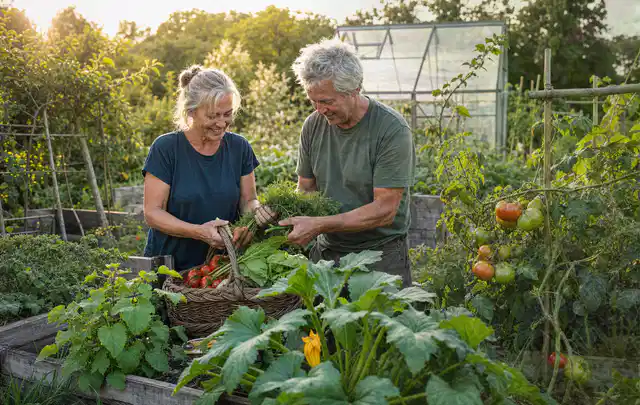 Zwei Personen ernten gemeinsam Gemüse in einem sonnigen Nutzgarten; Thema Erdbeeren, Schwerpunkt Einsteigerwissen; Ergebnis.