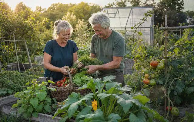 Zwei Personen ernten gemeinsam Gemüse in einem sonnigen Nutzgarten; Thema Erdbeeren, Schwerpunkt Ernte; Ergebnis.