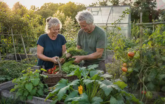 Zwei Personen ernten gemeinsam Gemüse in einem sonnigen Nutzgarten; Thema Erdbeeren, Schwerpunkt Ernteprobleme; Ausgangslage.