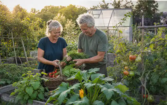Zwei Personen ernten gemeinsam Gemüse in einem sonnigen Nutzgarten; Thema Erdbeeren, Schwerpunkt Fehlerhilfe; Umsetzung.