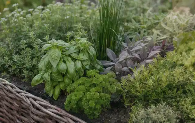 Dichtes Hochbeet mit Basilikum Schnittlauch Petersilie Salbei und weiteren Küchenkräutern; Thema Erdbeeren, Schwerpunkt Gewächshaus; Kontrolle.