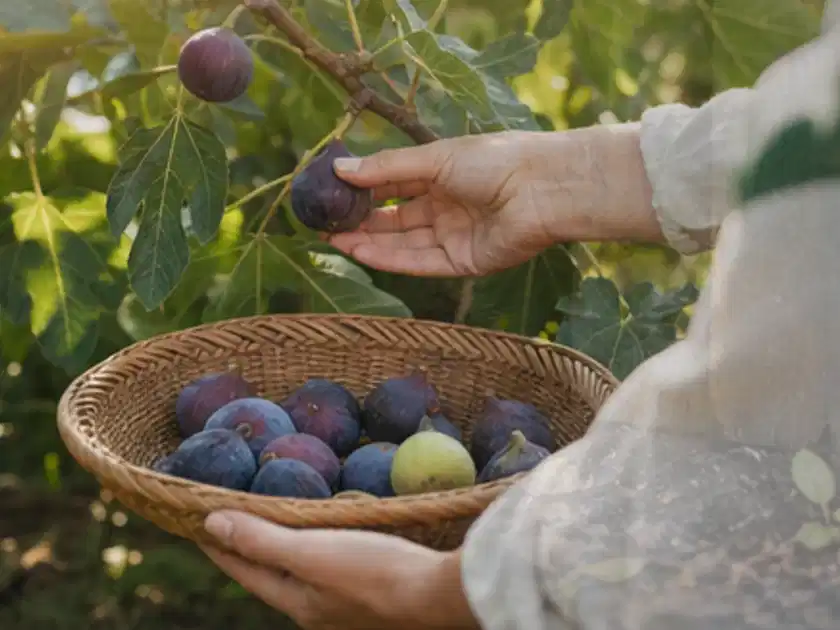 Hand pflückt eine reife Feige über einem flachen Korb mit Früchten; Thema Erdbeeren, Schwerpunkt Hochbeet; Titelbild.
