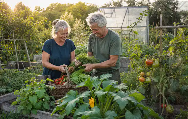 Zwei Personen ernten gemeinsam Gemüse in einem sonnigen Nutzgarten; Thema Erdbeeren, Schwerpunkt Hochbeet; Praxisalltag.