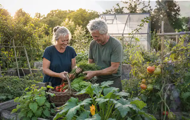 Zwei Personen ernten gemeinsam Gemüse in einem sonnigen Nutzgarten; Thema Erdbeeren, Schwerpunkt Lagerung; Umsetzung.