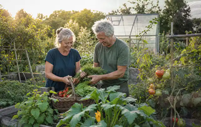 Zwei Personen ernten gemeinsam Gemüse in einem sonnigen Nutzgarten; Thema Erdbeeren, Schwerpunkt Nährstoffe; Umsetzung.
