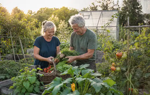 Zwei Personen ernten gemeinsam Gemüse in einem sonnigen Nutzgarten; Thema Erdbeeren, Schwerpunkt Pflanzenschutz; Kontrolle.