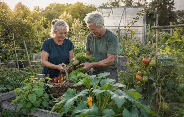 Zwei Personen ernten gemeinsam Gemüse in einem sonnigen Nutzgarten; Thema Erdbeeren, Schwerpunkt Pflanzung; Ergebnis.
