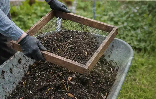 Behandschuhte Hände sieben reifen Kompost über einer Gartenschubkarre; Thema Erdbeeren, Schwerpunkt Standort; Ergebnis.