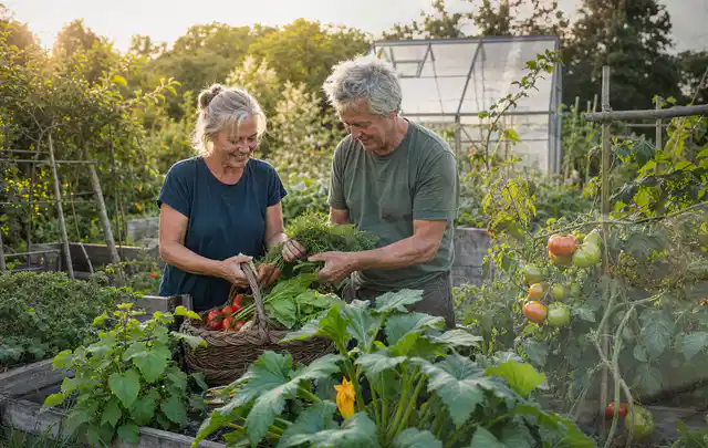 Zwei Personen ernten gemeinsam Gemüse in einem sonnigen Nutzgarten; Thema Estragon, Schwerpunkt Einsteigerwissen; Ausgangslage.