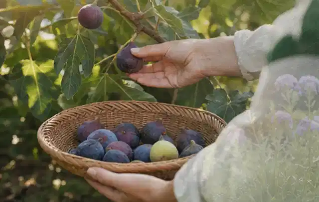 Hand pflückt eine reife Feige über einem flachen Korb mit Früchten; Thema Estragon, Schwerpunkt Einsteigerwissen; Umsetzung.