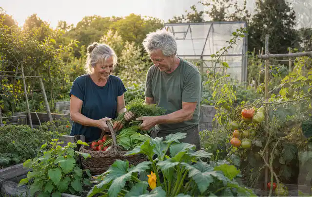 Zwei Personen ernten gemeinsam Gemüse in einem sonnigen Nutzgarten; Thema Estragon, Schwerpunkt Gesundheit; Ergebnis.