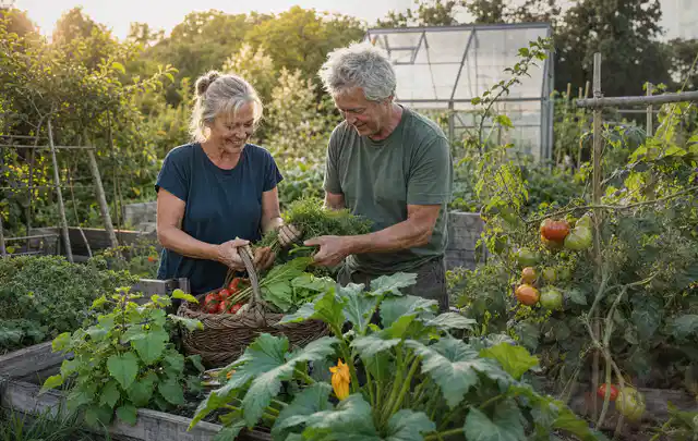 Zwei Personen ernten gemeinsam Gemüse in einem sonnigen Nutzgarten; Thema Estragon, Schwerpunkt Saisonkalender; Praxisalltag.