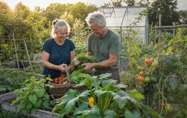Zwei Personen ernten gemeinsam Gemüse in einem sonnigen Nutzgarten; Thema Estragon, Schwerpunkt Schnitt; Ergebnis.