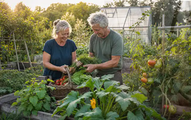 Zwei Personen ernten gemeinsam Gemüse in einem sonnigen Nutzgarten; Thema Estragon, Schwerpunkt Sortenwahl; Umsetzung.