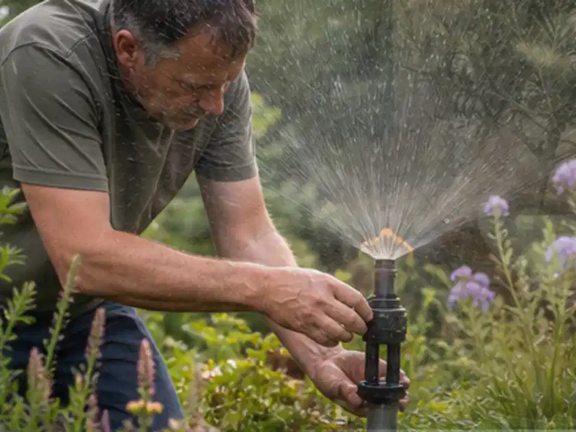 Person richtet einen laufenden Gartensprenger zwischen Stauden präzise aus; Thema Exotische Pflanzen, Schwerpunkt Bewässerung; Titelbild.