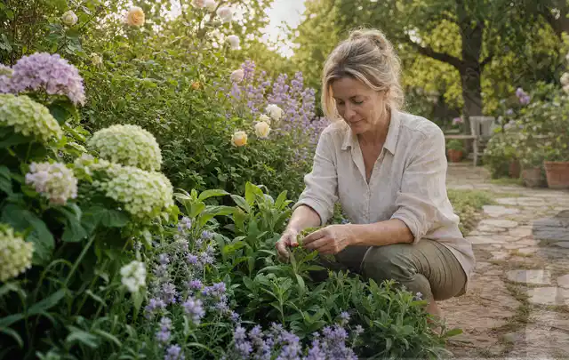 Person pflegt üppige Pflanzen in einem natürlich beleuchteten Garten; Thema Exotische Pflanzen, Schwerpunkt Bewässerung; Ausgangslage.