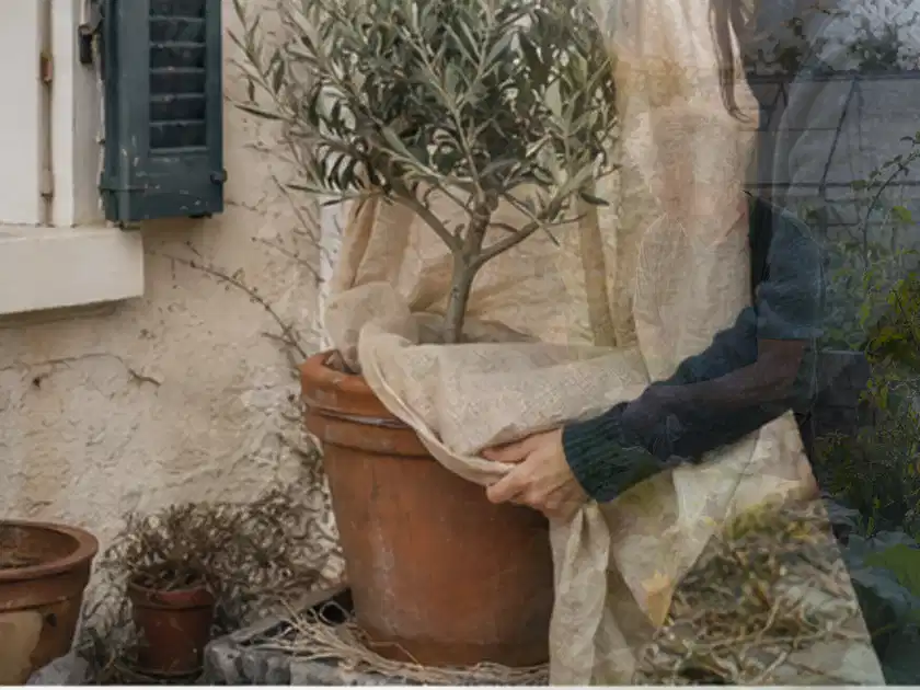 Person umhüllt eine mediterrane Kübelpflanze mit atmungsaktivem Winterschutz; Thema Exotische Pflanzen, Schwerpunkt Boden; Titelbild.