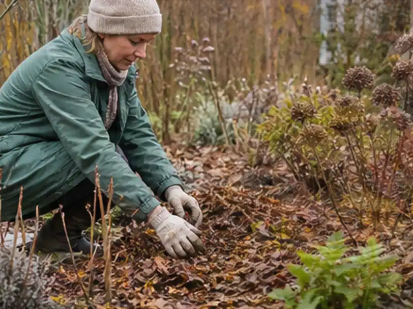 Person verteilt eine schützende Mulchschicht zwischen winterlichen Stauden; Thema Exotische Pflanzen, Schwerpunkt Düngung; Titelbild.
