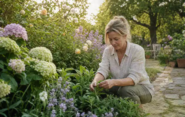 Person pflegt üppige Pflanzen in einem natürlich beleuchteten Garten; Thema Exotische Pflanzen, Schwerpunkt Kaufberatung; Ergebnis.