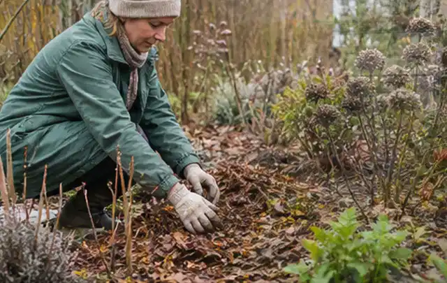 Person verteilt eine schützende Mulchschicht zwischen winterlichen Stauden; Thema Exotische Pflanzen, Schwerpunkt Pflanzenschutz; Ergebnis.