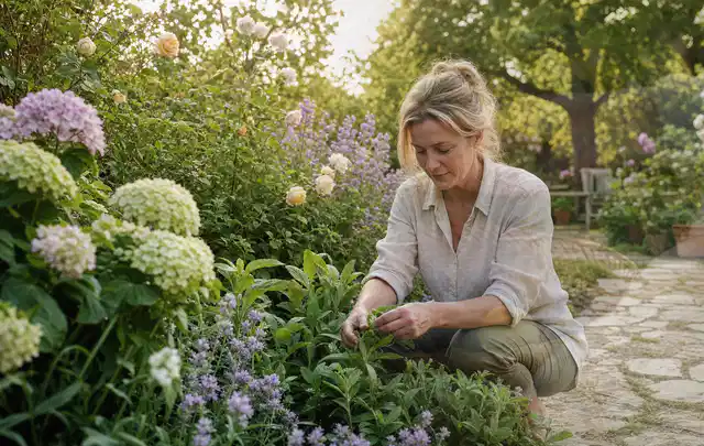 Person pflegt üppige Pflanzen in einem natürlich beleuchteten Garten; Thema Exotische Pflanzen, Schwerpunkt Pflanzenschutz; Praxisalltag.