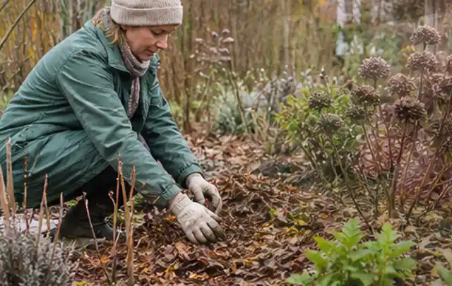 Person verteilt eine schützende Mulchschicht zwischen winterlichen Stauden; Thema Exotische Pflanzen, Schwerpunkt Pflanzpartner; Praxisalltag.