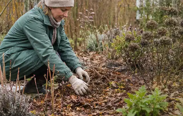 Person verteilt eine schützende Mulchschicht zwischen winterlichen Stauden; Thema Exotische Pflanzen, Schwerpunkt Problemlösung; Ergebnis.