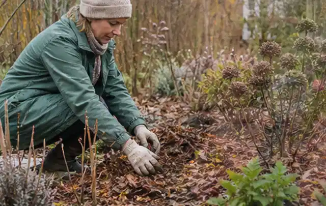 Person verteilt eine schützende Mulchschicht zwischen winterlichen Stauden; Thema Exotische Pflanzen, Schwerpunkt Topfkultur; Ausgangslage.